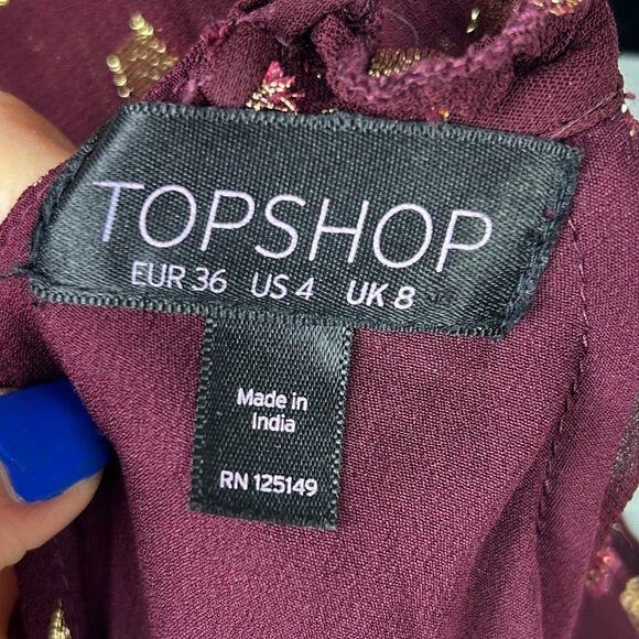 Topshop A Line Off the Shoulder Mini Dress Burgundy w Gold Metallic Polka Dots 4 - Picture 12 of 15